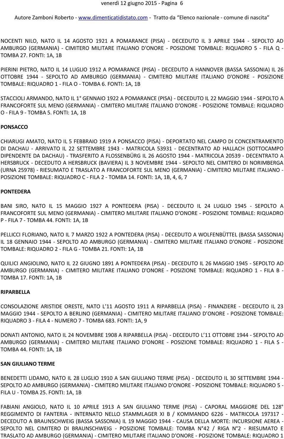 FONTI: 1A, 1B PIERINI PIETRO, NATO IL 14 LUGLIO 1912 A POMARANCE (PISA) - DECEDUTO A HANNOVER (BASSA SASSONIA) IL 26 OTTOBRE 1944 - SEPOLTO AD AMBURGO (GERMANIA) - CIMITERO MILITARE ITALIANO D'ONORE