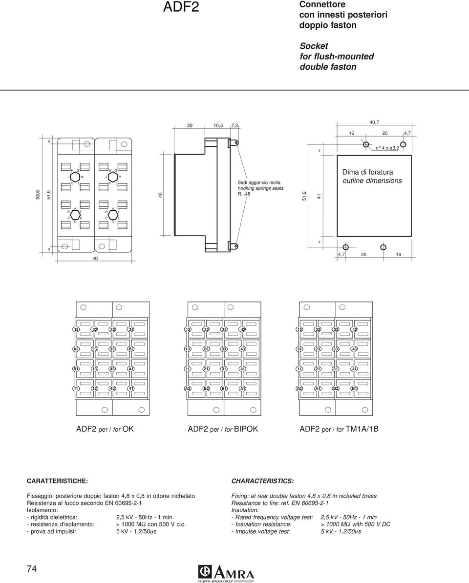 nichelato esistenza al fuoco secondo EN 60695-- - rigidità dielettrica:,5 kv - 50Hz - min - resistenza d'isolamento: > 000 Ω con 500 V c.c. - prova ad impulsi: 5 kv -,/50µs Fixing: at rear double faston,8 x 0,8 in nickeled brass esistance to fire: ref.