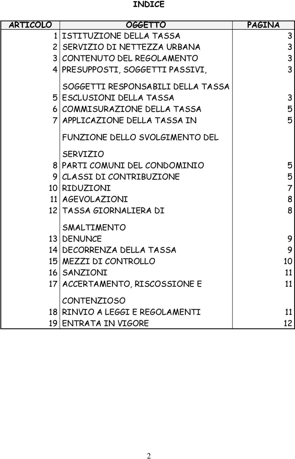 SERVIZIO 8 PARTI COMUNI DEL CONDOMINIO 5 9 CLASSI DI CONTRIBUZIONE 5 10 RIDUZIONI 7 11 AGEVOLAZIONI 8 12 TASSA GIORNALIERA DI 8 SMALTIMENTO 13 DENUNCE 9 14