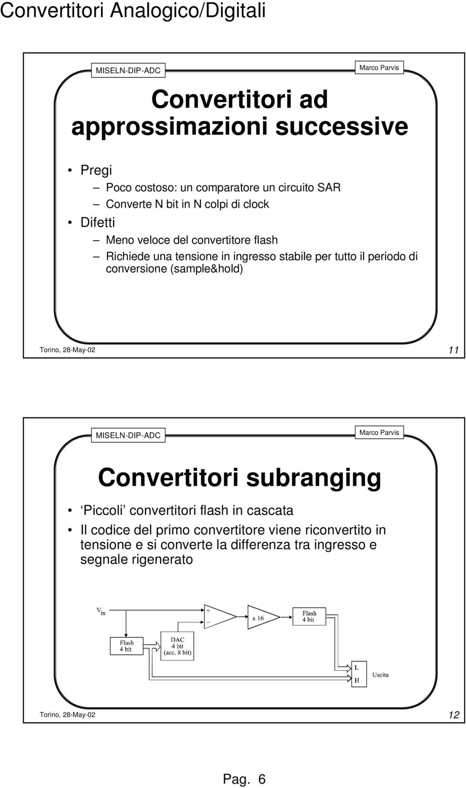 periodo di conversione (sample&hold) 11 Convertitori subranging Piccoli convertitori flash in cascata Il codice del