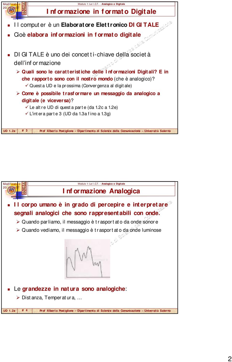 Questa UD e la prossima (Convergenza al digitale) Come è possibile trasformare un messaggio da analogico a digitale (e viceversa)? Le altre UD di questa parte (da 1.2c a 1.