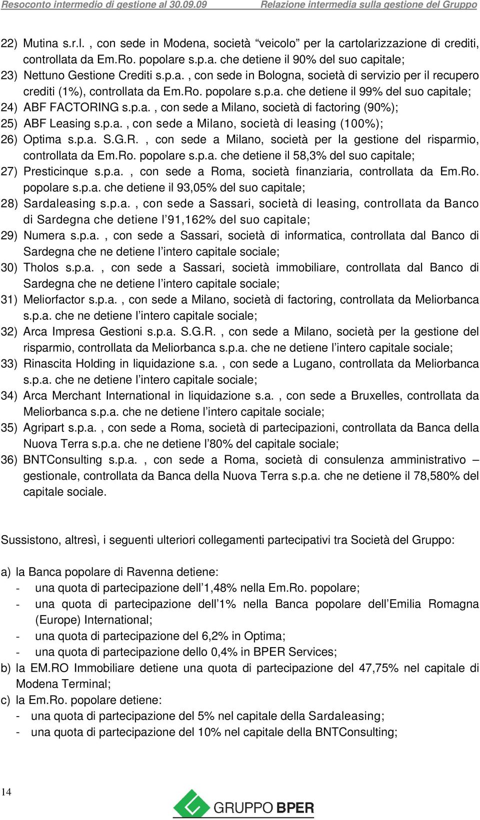 p.a., con sede a Milano, società di leasing (100%); 26) Optima s.p.a. S.G.R., con sede a Milano, società per la gestione del risparmio, controllata da Em.Ro. popolare s.p.a. che detiene il 58,3% del suo capitale; 27) Presticinque s.