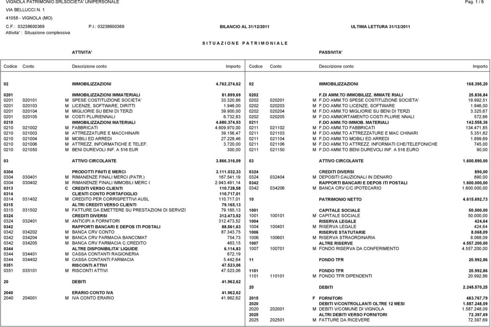 836,84 0201 020101 M SPESE COSTITUZIONE SOCIETA' 33.320,86 0202 020201 M F.DO AMM.TO SPESE COSTITUZIONE SOCIETA' 19.992,51 0201 020103 M LICENZE, SOFTWARE, DIRITTI 1.946,00 0202 020203 M F.DO AMM.TO LICENZE, SOFTWARE 1.