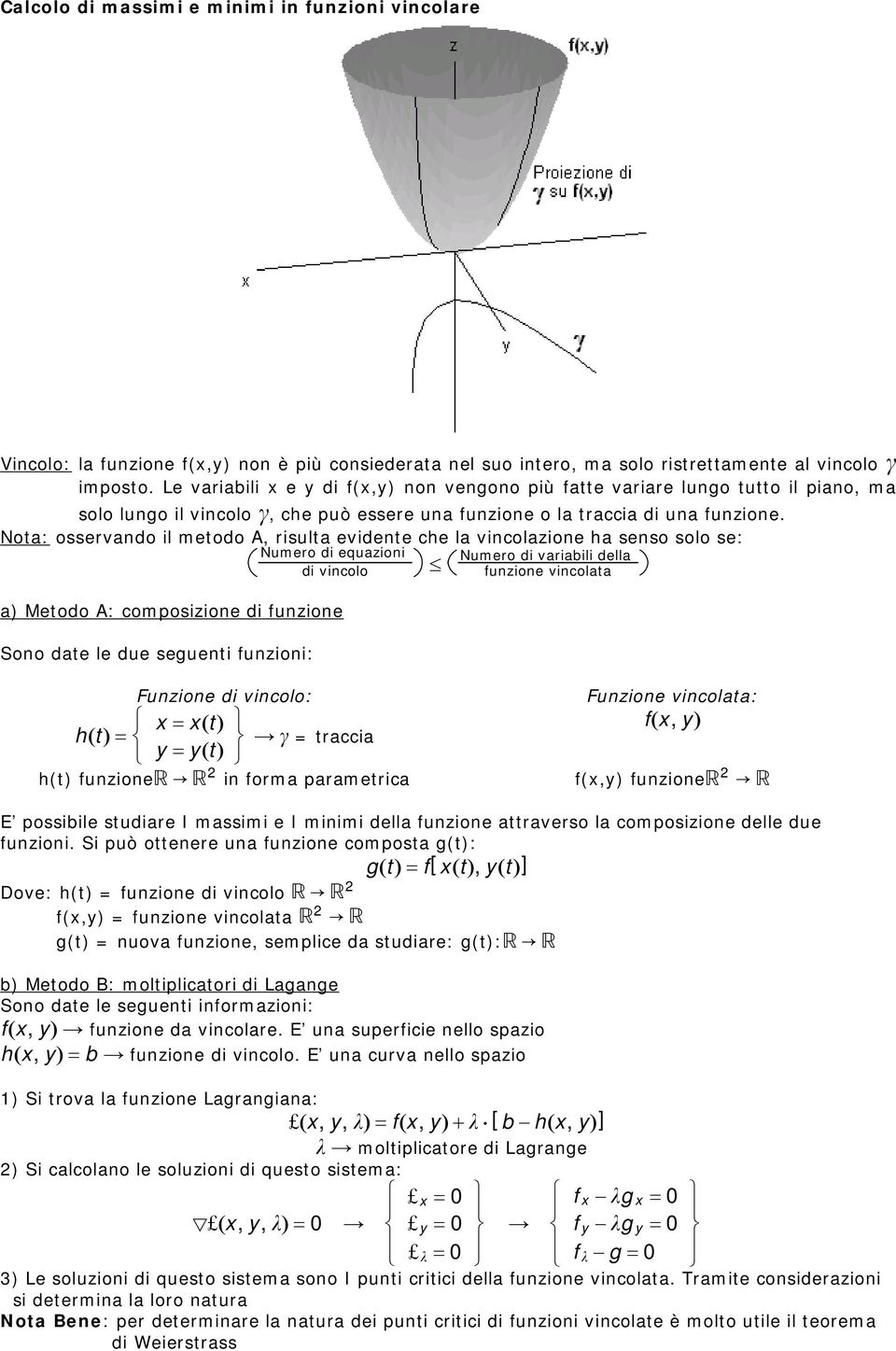 Nota: osservando il metodo A, risulta evidente che la vincolazione ha senso solo se: a) Metodo A: composizione di funzione Sono date le due seguenti funzioni: Numero di equazioni di vincolo [ Numero