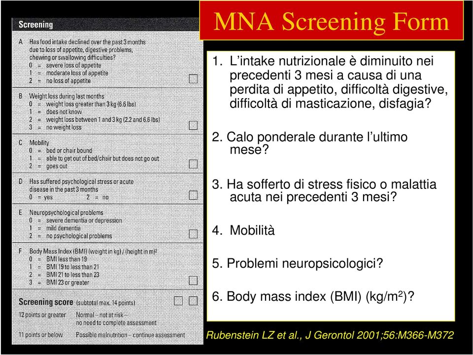 digestive, difficoltà di masticazione, disfagia? 2. Calo ponderale durante l ultimo mese? 3.