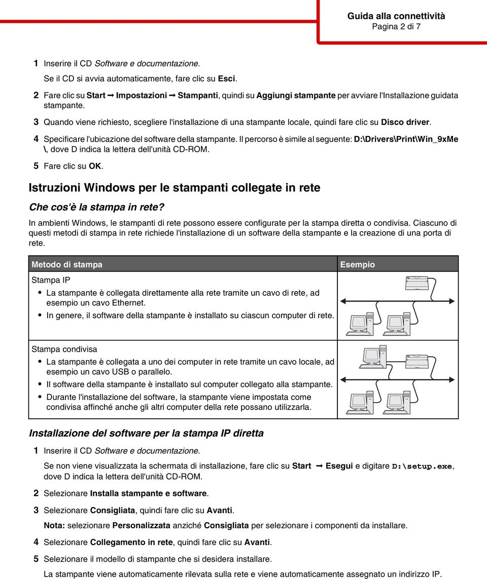 4 Spiiar l'uiazion l sotwar lla stampant. Il prorso è simil al sgunt: D:\Drivrs\Print\Win_9xM \, ov D inia la lttra ll'unità CD-ROM. 5 Far li su OK.