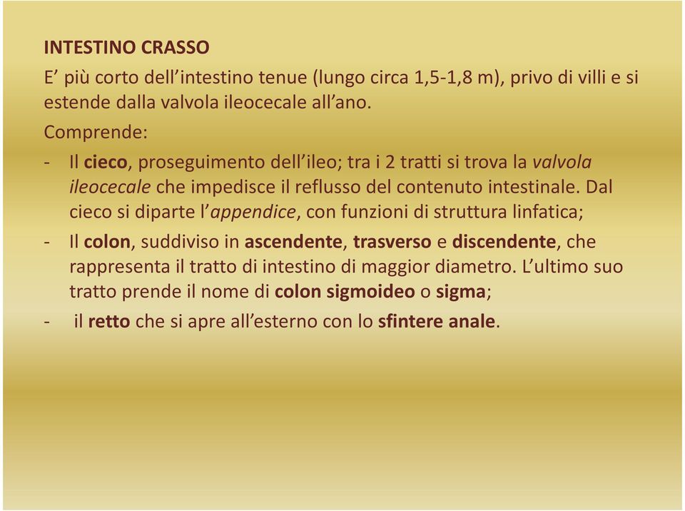 Dal cieco si diparte l appendice, con funzioni di struttura linfatica; - Il colon, suddiviso in ascendente,trasverso ediscendente, che rappresenta