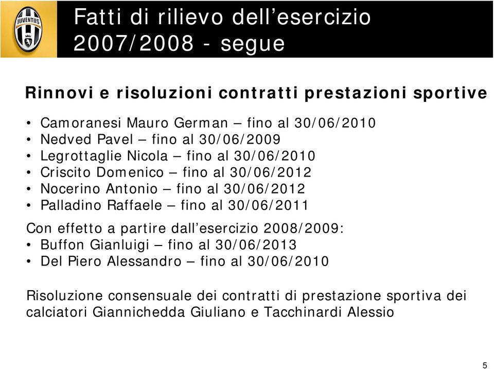 30/06/2012 Palladino Raffaele fino al 30/06/2011 Con effetto a partire dall esercizio 2008/2009: Buffon Gianluigi fino al 30/06/2013 Del Piero