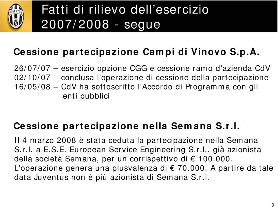 Accordo di Programma con gli enti pubblici Cessione partecipazione nella Semana S.r.l. Il 4 marzo 2008 è stata ceduta la partecipazione nella Semana S.r.l. a E.