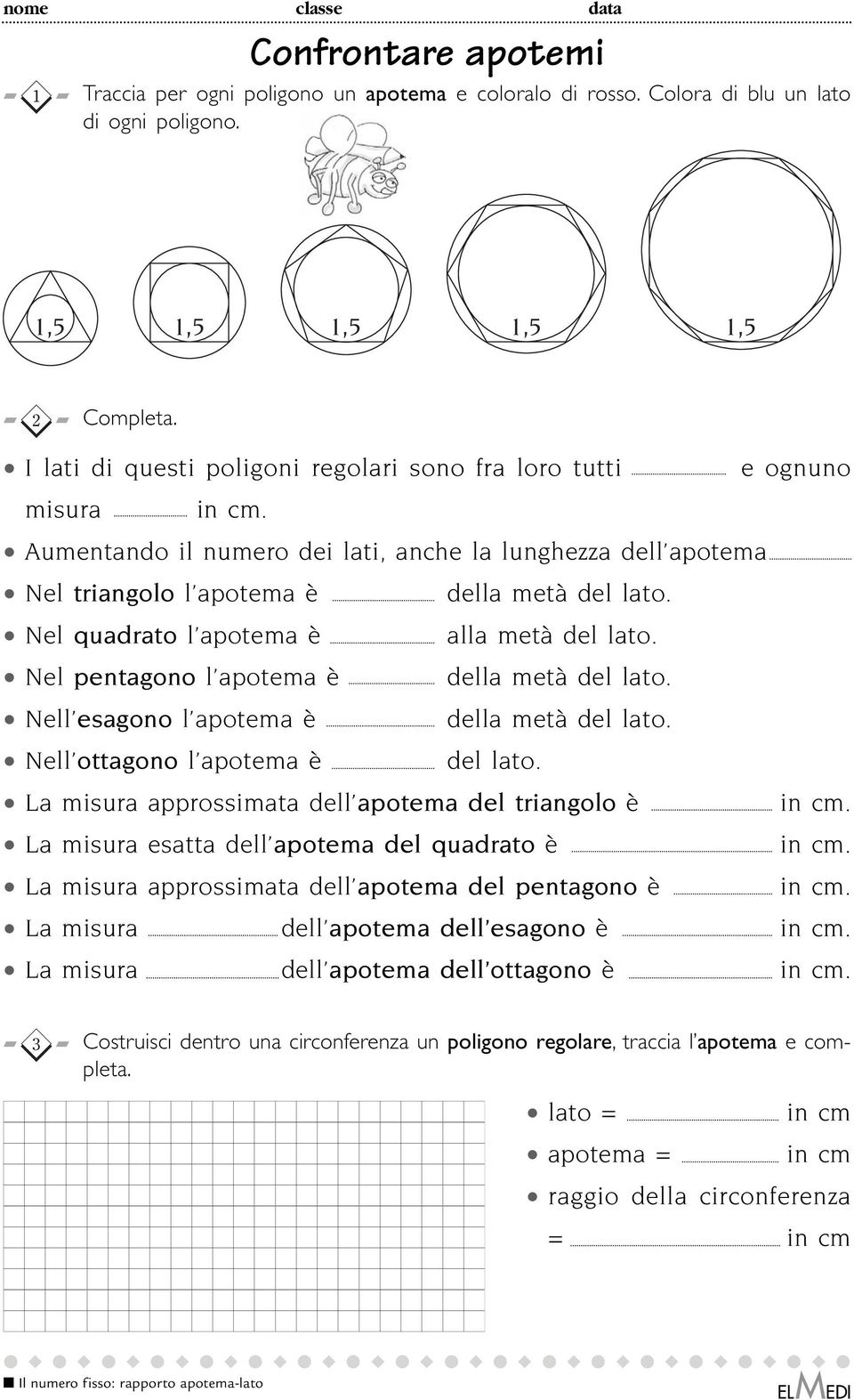 Nel quadrato l apotema è alla metà del lato. Nel pentagono l apotema è della metà del lato. Nell esagono l apotema è della metà del lato. Nell ottagono l apotema è del lato.