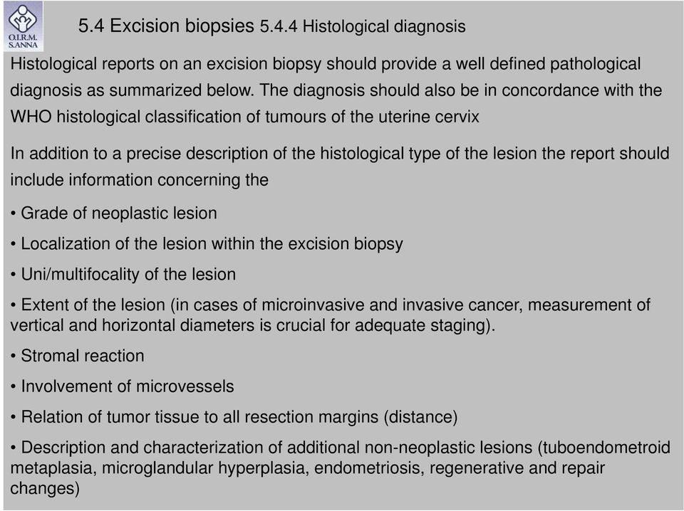 report should include information concerning the Grade of neoplastic lesion Localization of the lesion within the excision biopsy Uni/multifocality of the lesion Extent of the lesion (in cases of