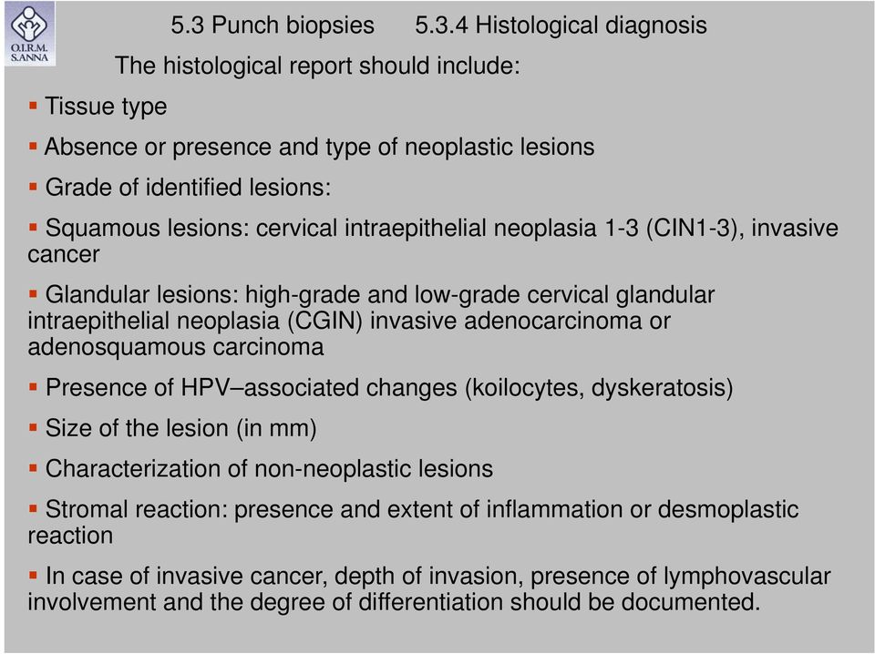 4 Histological diagnosis The histological report should include: Absence or presence and type of neoplastic lesions Grade of identified lesions: Squamous lesions: cervical intraepithelial