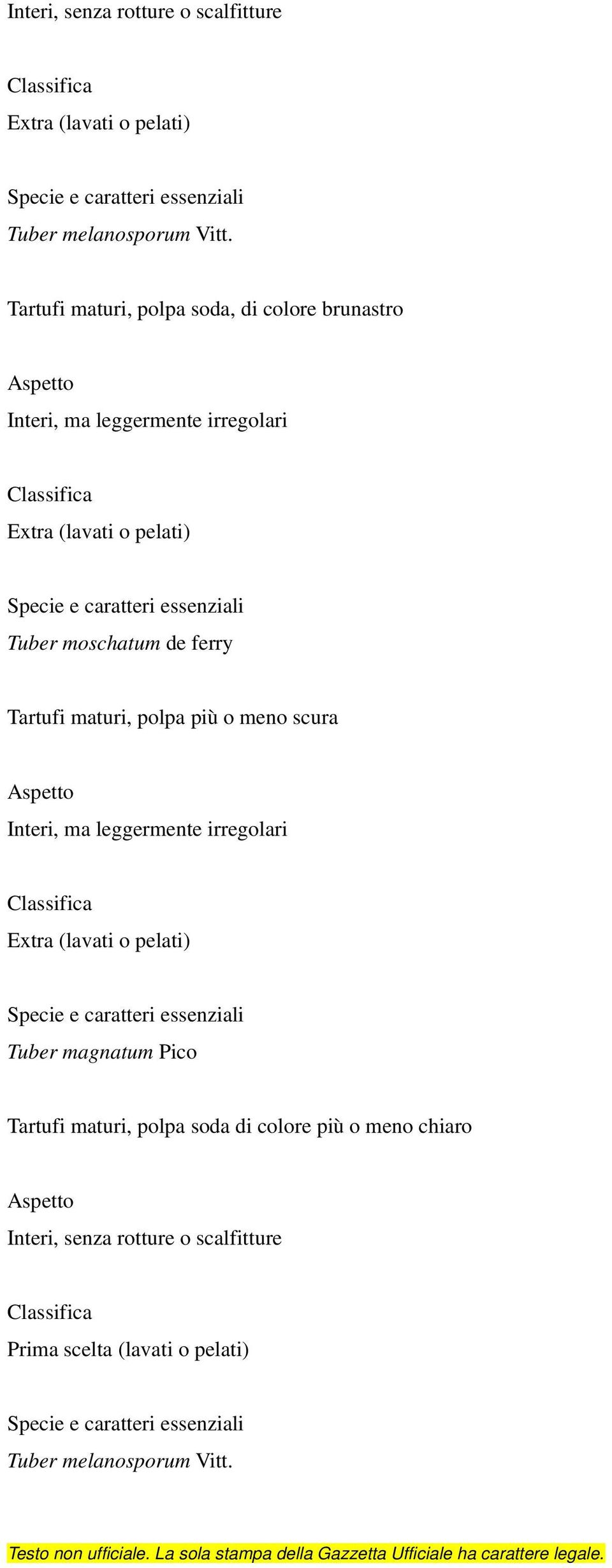 moschatum de ferry Tartufi maturi, polpa più o meno scura Interi, ma leggermente irregolari Extra (lavati o pelati)