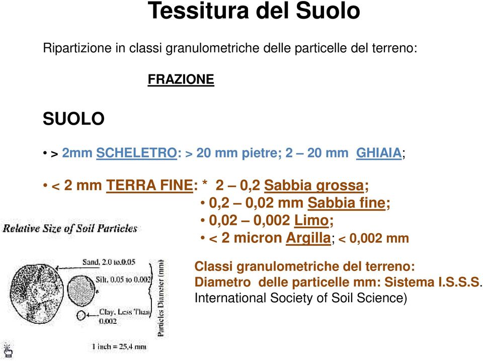 grossa; 0,2 0,02 mm Sabbia fine; 0,02 0,002 Limo; < 2 micron Argilla; < 0,002 mm Classi