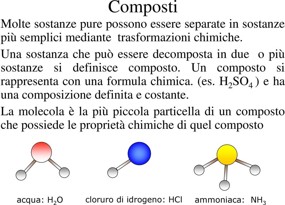 Un composto si rappresenta con una formula chimica. (es. H 2 SO 4 ) e ha una composizione definita e costante.