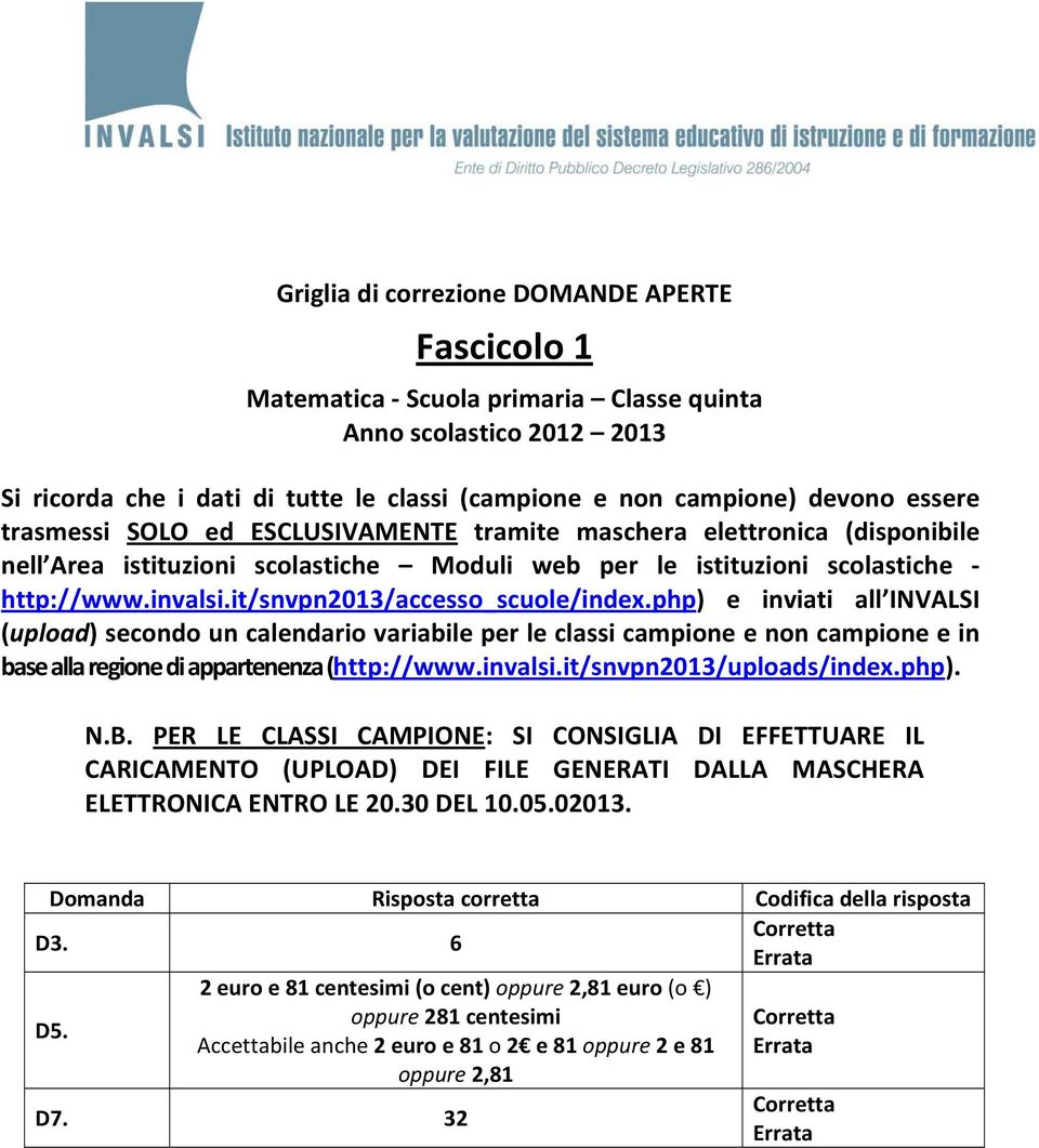 it/snvpn2013/accesso_scuole/index.php) e inviati all INVALSI (upload) secondo un calendario variabile per le classi campione e non campione e in base alla regione di appartenenza (http://www.invalsi.