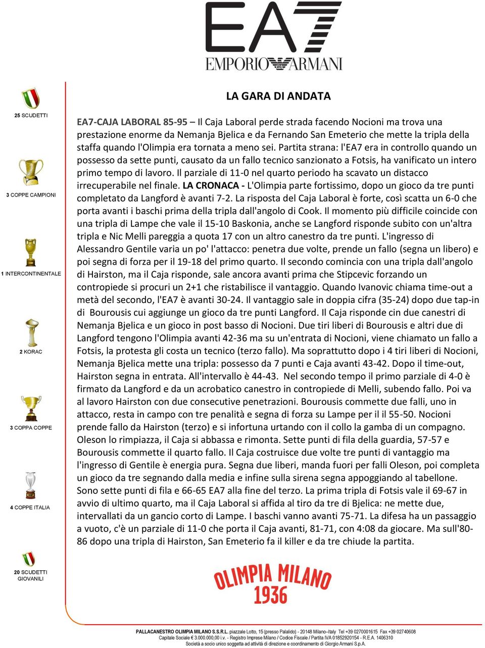 Partita strana: l'ea7 era in controllo quando un possesso da sette punti, causato da un fallo tecnico sanzionato a Fotsis, ha vanificato un intero primo tempo di lavoro.