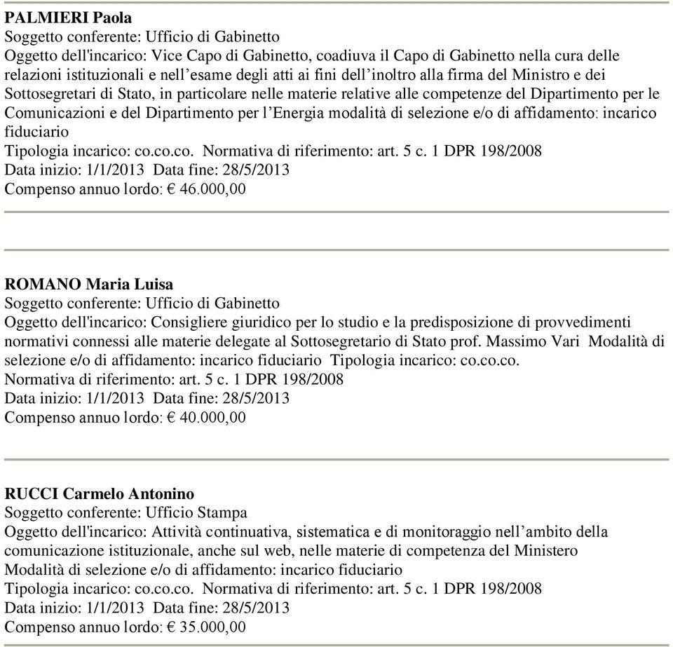 affidamento: incarico fiduciario Data fine: 28/5/2013 Compenso annuo lordo: 46.