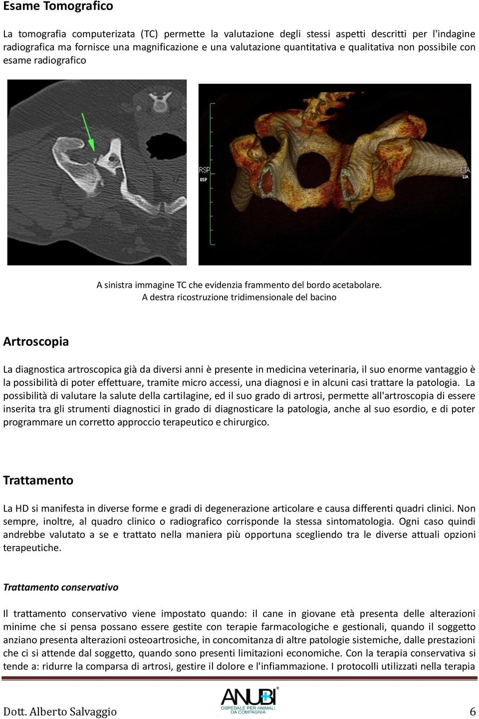 A destra ricostruzione tridimensionale del bacino Artroscopia La diagnostica artroscopica già da diversi anni è presente in medicina veterinaria, il suo enorme vantaggio è la possibilità di poter