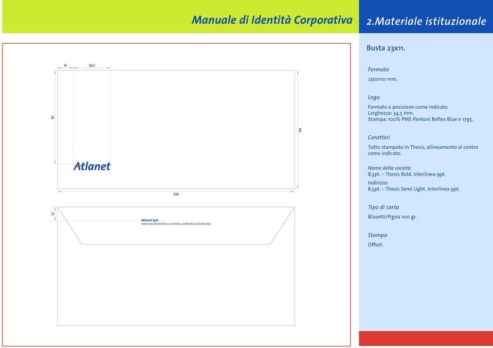 110 Tutto stampato in Thesis, allineamento al centro come indicato. 230 Nome della società: 8,5pt.