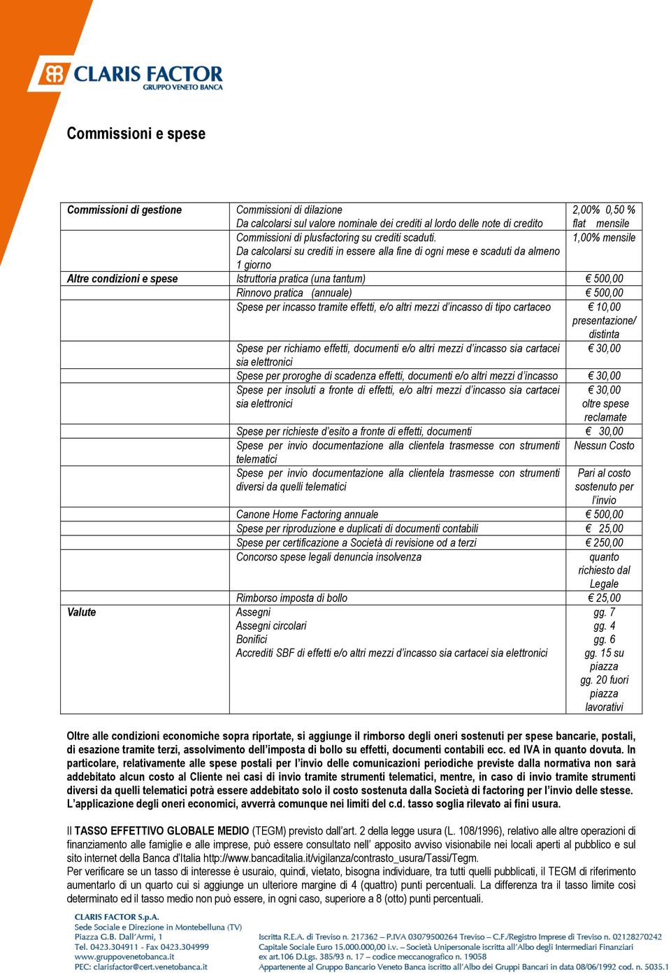 1,00% mensile Da calcolarsi su crediti in essere alla fine di ogni mese e scaduti da almeno 1 giorno Altre condizioni e spese Istruttoria pratica (una tantum) 500,00 Rinnovo pratica (annuale) 500,00