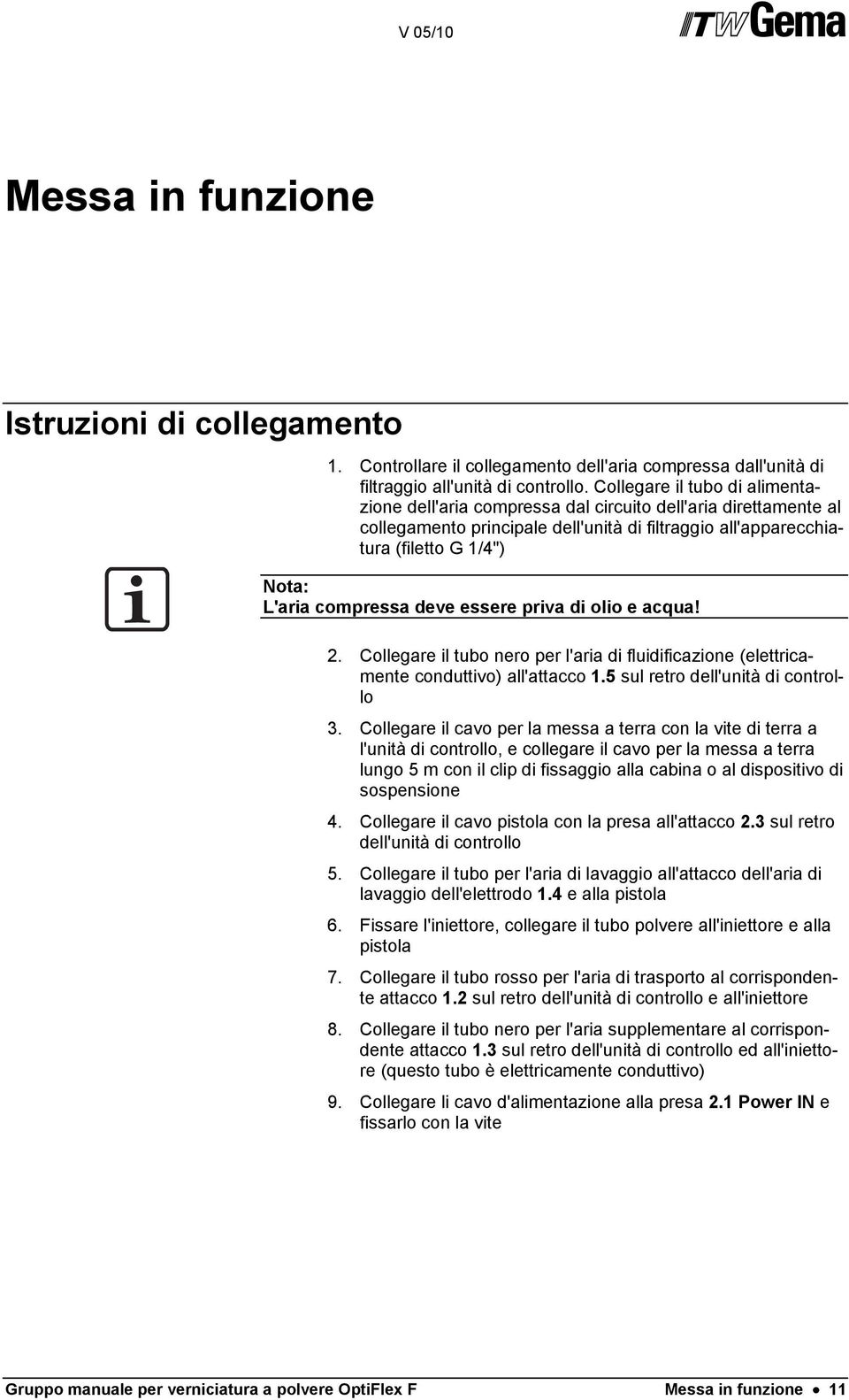 compressa deve essere priva di olio e acqua! 2. Collegare il tubo nero per l'aria di fluidificazione (elettricamente conduttivo) all'attacco 1.5 sul retro dell'unità di controllo 3.