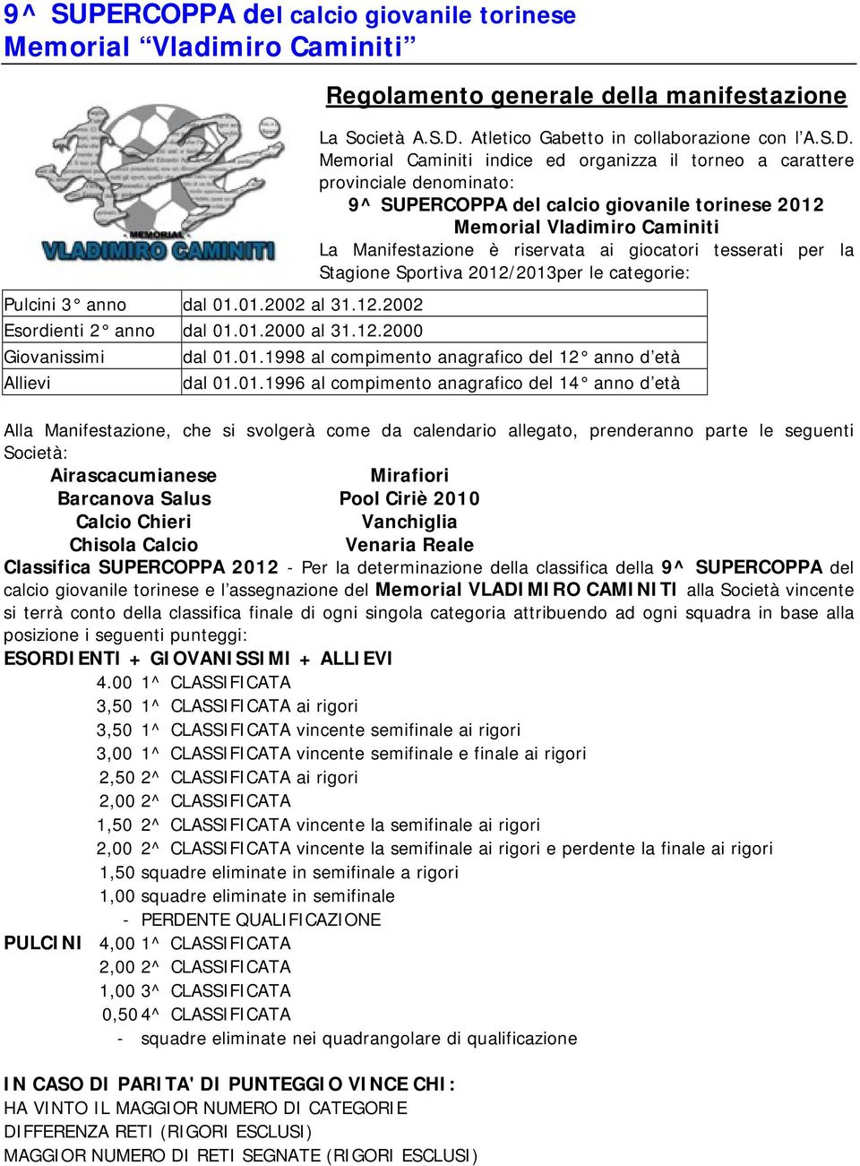 giocatori tesserati per la Stagione Sportiva 2012/2013per le categorie: Pulcini 3 anno dal 01.01.2002 al 31.12.2002 Esordienti 2 anno dal 01.01.2000 al 31.12.2000 Giovanissimi dal 01.01.1998 al compimento anagrafico del 12 anno d età Allievi dal 01.