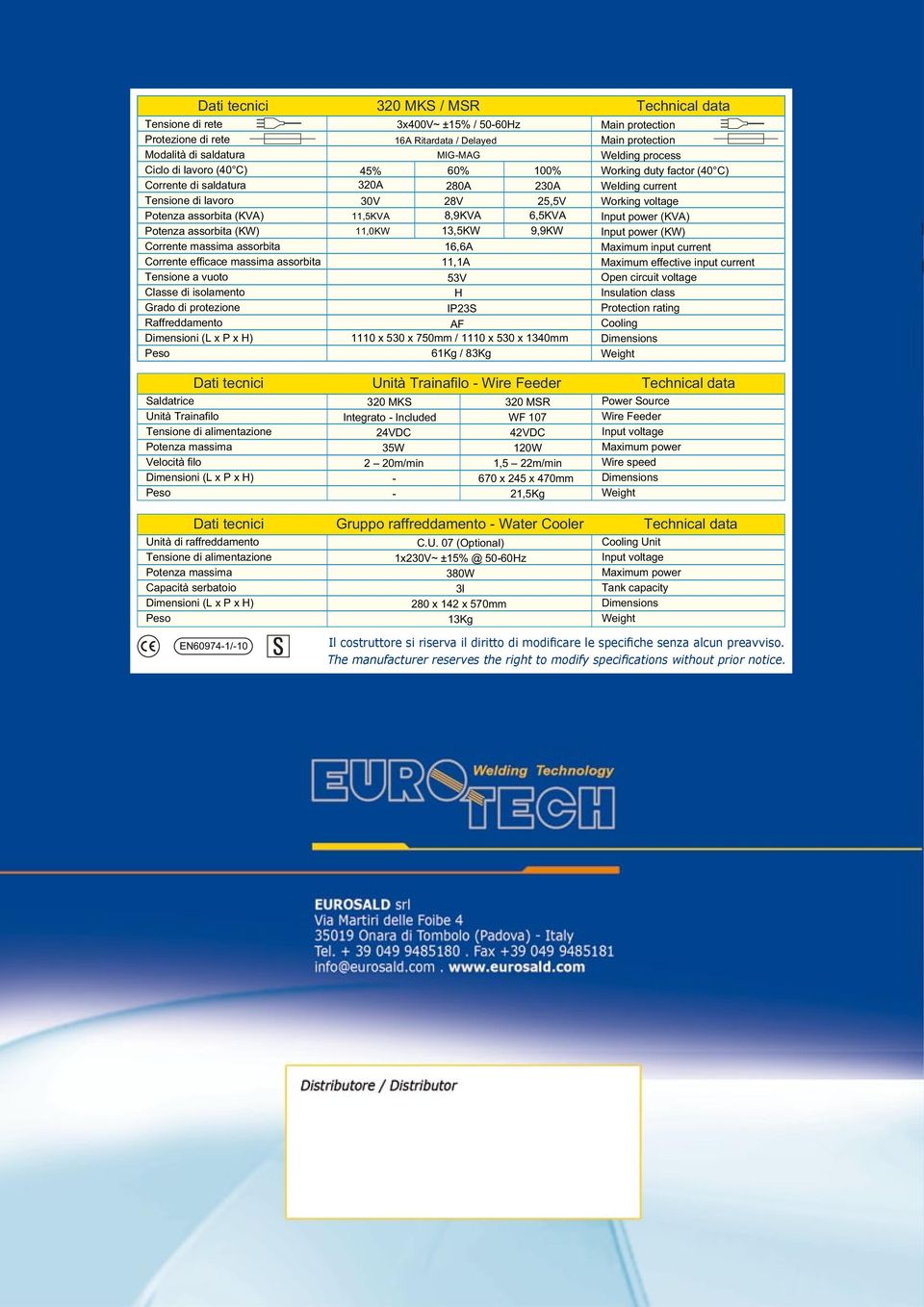 Potenza assorbita (KW) Corrente massima assorbita Corrente efficace massima assorbita Tensione a vuoto Classe di isolamento Grado di protezione Raffreddamento Dimensioni (L x P x H) Peso Saldatrice