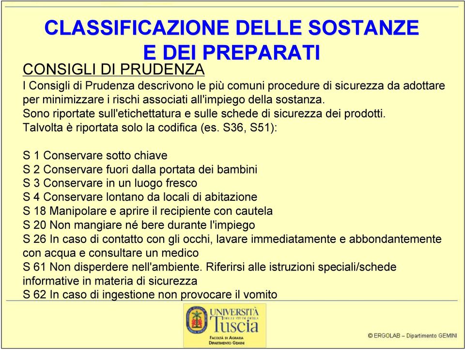 S36, S51): S 1 Conservare sotto chiave S 2 Conservare fuori dalla portata dei bambini S 3 Conservare in un luogo fresco S 4 Conservare lontano da locali di abitazione S 18 Manipolare e aprire il