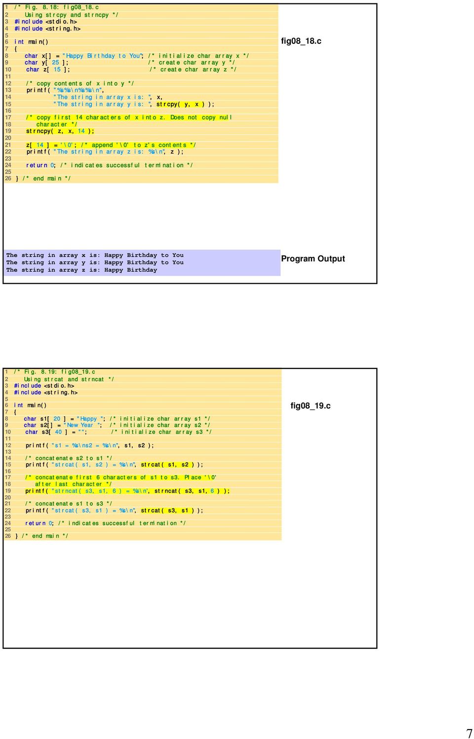 of x into y */ 13 printf( "%s%s\n%s%s\n", 14 "The string in array x is: ", x, 15 "The string in array y is: ", strcpy( y, x ) ); 16 17 /* copy first 14 characters of x into z.