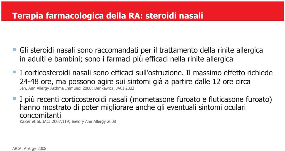 Il massimo effetto richiede 24-48 ore, ma possono agire sui sintomi già a partire dalle 12 ore circa Jen, Ann Allergy Asthma Immunol 2000; Denkewicz, JACI 2003 I