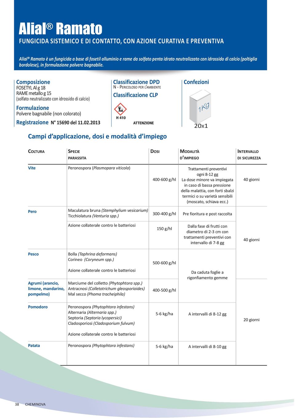 FosetYl al g 18 rame metallo g 15 (solfato neutralizzato con idrossido di calcio) Polvere bagnabile (non colorato) Registrazione N 15690 del 11.02.