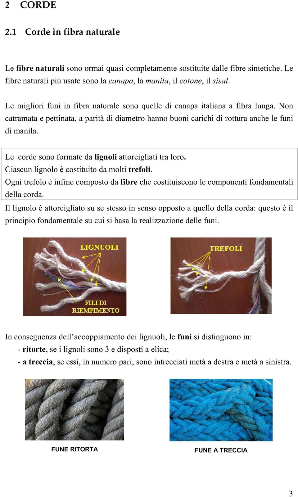 Le corde sono formate da lignoli attorcigliati tra loro. Ciascun lignolo è costituito da molti trefoli.