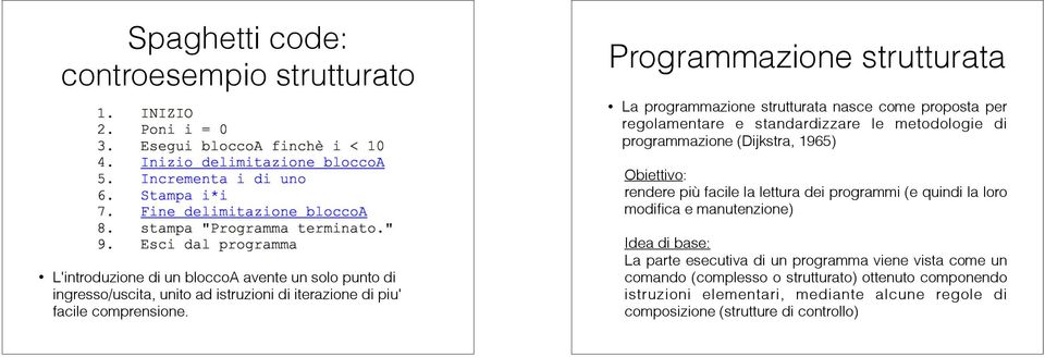 Programmazione strutturata La programmazione strutturata nasce come proposta per regolamentare e standardizzare le metodologie di programmazione (Dijkstra, 1965)