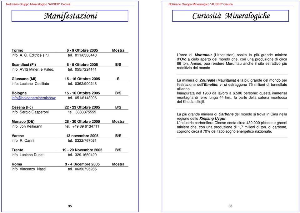 3333375555 Monaco (DE) 28-30 Ottobre 2005 Mostra info Joh Keilmann tel. +49 89 6134711 Varese 13 novembre 2005 B/S info R. Carini tel.
