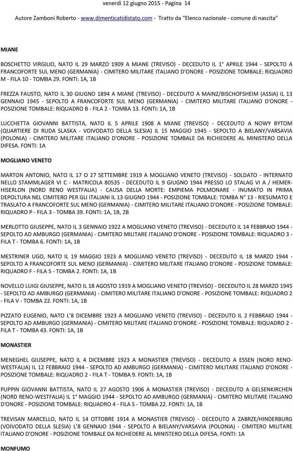 ITALIANO D'ONORE - POSIZIONE TOMBALE: RIQUADRO B - FILA 2 - TOMBA 13.