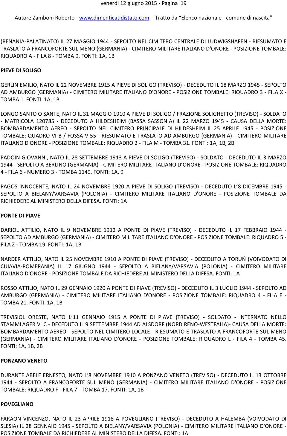 FONTI: 1A, 1B PIEVE DI SOLIGO GERLIN EMILIO, NATO IL 22 NOVEMBRE 1915 A PIEVE DI SOLIGO (TREVISO) - DECEDUTO IL 18 MARZO 1945 - SEPOLTO AD AMBURGO (GERMANIA) - CIMITERO MILITARE ITALIANO D'ONORE -