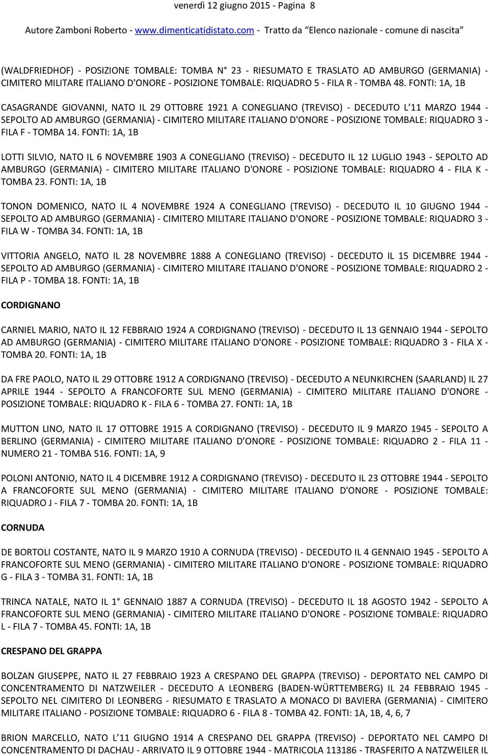 FONTI: 1A, 1B CASAGRANDE GIOVANNI, NATO IL 29 OTTOBRE 1921 A CONEGLIANO (TREVISO) - DECEDUTO L 11 MARZO 1944 - SEPOLTO AD AMBURGO (GERMANIA) - CIMITERO MILITARE ITALIANO D'ONORE - POSIZIONE TOMBALE: