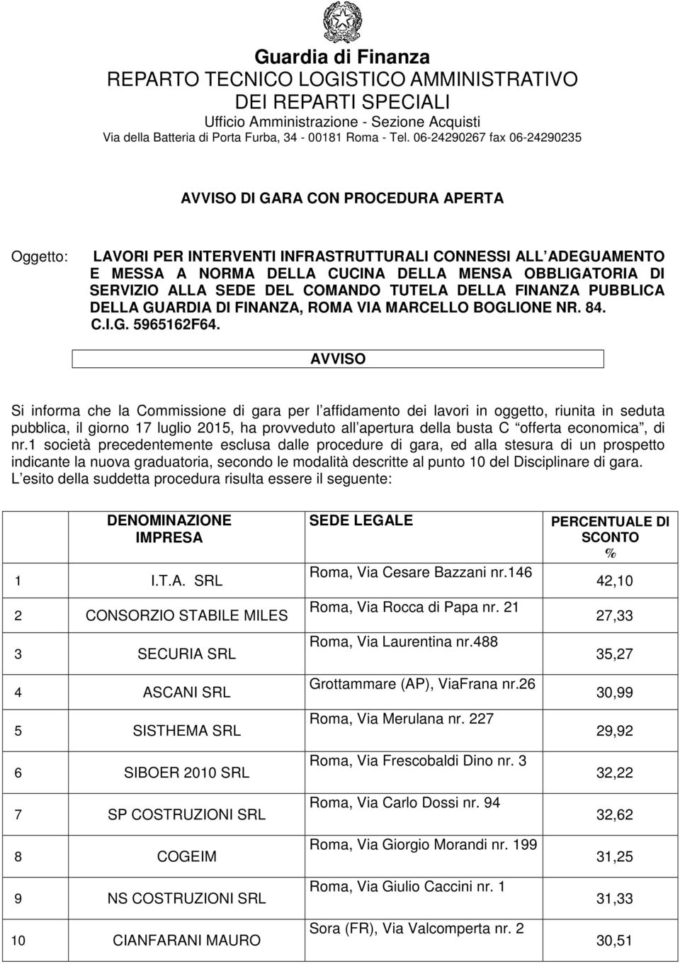 SERVIZIO ALLA SEDE DEL COMANDO TUTELA DELLA FINANZA PUBBLICA DELLA GUARDIA DI FINANZA, ROMA VIA MARCELLO BOGLIONE NR. 84. C.I.G. 5965162F64.