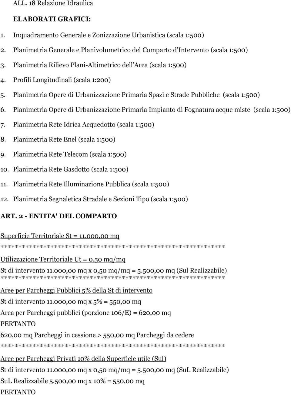 Planimetria Opere di Urbanizzazione Primaria Impianto di Fognatura acque miste (scala 1:500) 7. Planimetria Rete Idrica Acquedotto (scala 1:500) 8. Planimetria Rete Enel (scala 1:500) 9.