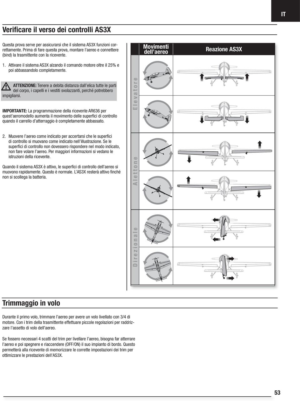 Movimenti dell aereo Reazione AS3X IMPORTANTE: La programmazione della ricevente AR636 per quest aeromodello aumenta il movimento delle superﬁci di controllo quando il carrello d atterraggio è