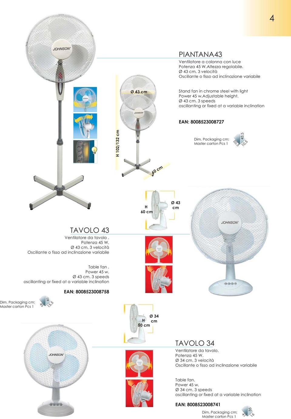 . 3 speeds EAN: 8008523008727 H 102/132 cm 50,5 10,5 60 cm H 60 cm Ø 43 cm TAVOLO 43 Ventilatore da tavolo. Potenza 45 W.