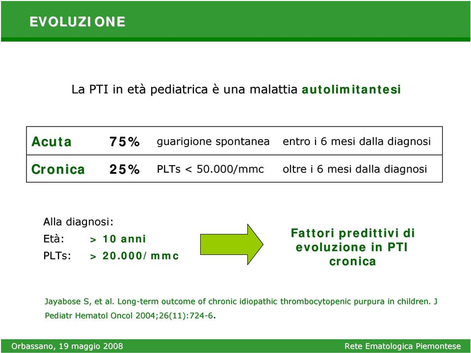 000/mmc oltre i 6 mesi dalla diagnosi Alla diagnosi: Età: > 10 anni PLTs: > 20.