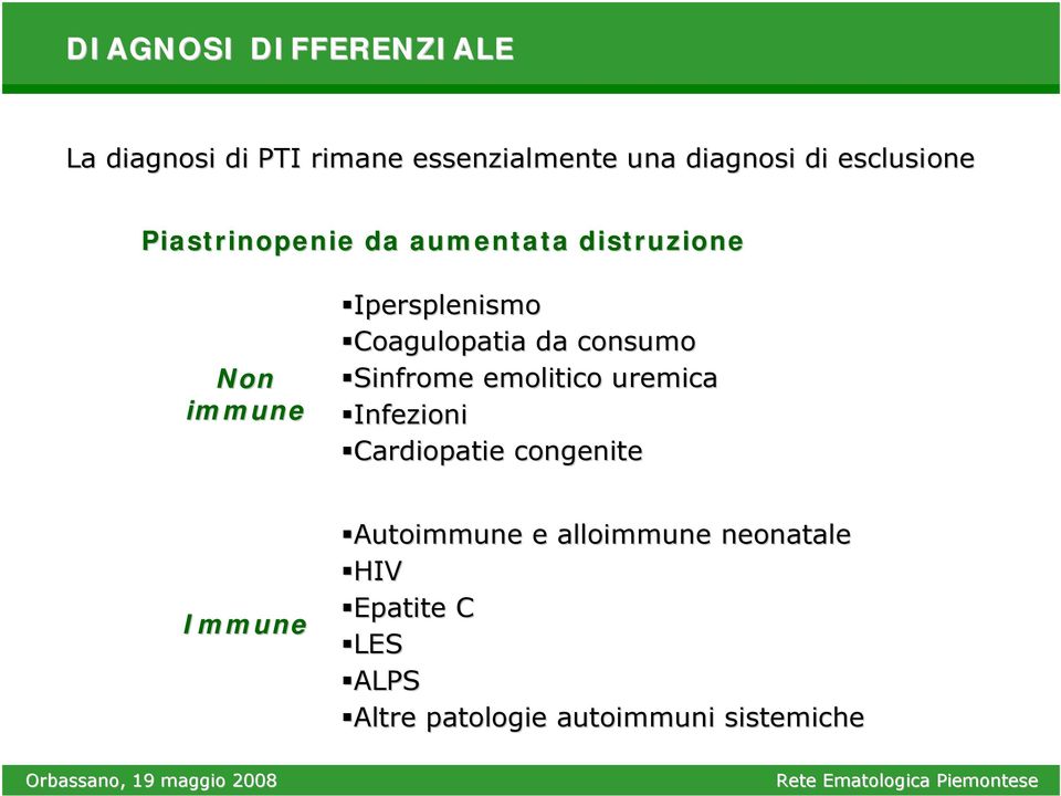 Coagulopatia da consumo Sinfrome emolitico uremica Infezioni Cardiopatie congenite