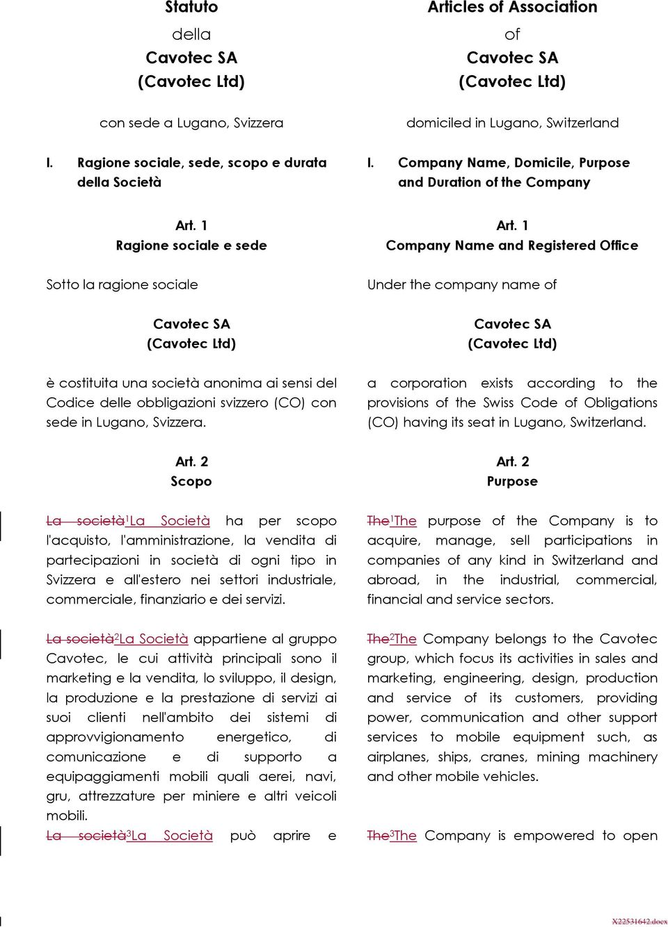 1 Company Name and Registered Office Sotto la ragione sociale Under the company name of Cavotec SA (Cavotec Ltd) Cavotec SA (Cavotec Ltd) è costituita una società anonima ai sensi del Codice delle