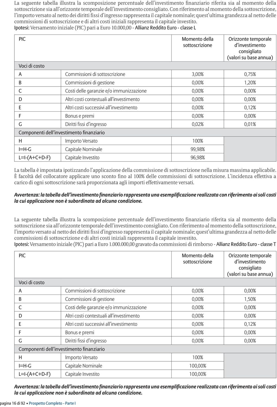 sottoscrizione e di altri costi iniziali rappresenta il capitale investito. Ipotesi: Versamento iniziale (PIC) pari a Euro 10.