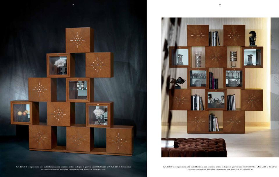 Art. LB18-B Mondrian 11-cubes composition with glass cabinets and oak doors (cm 222x36x229 h) Art.