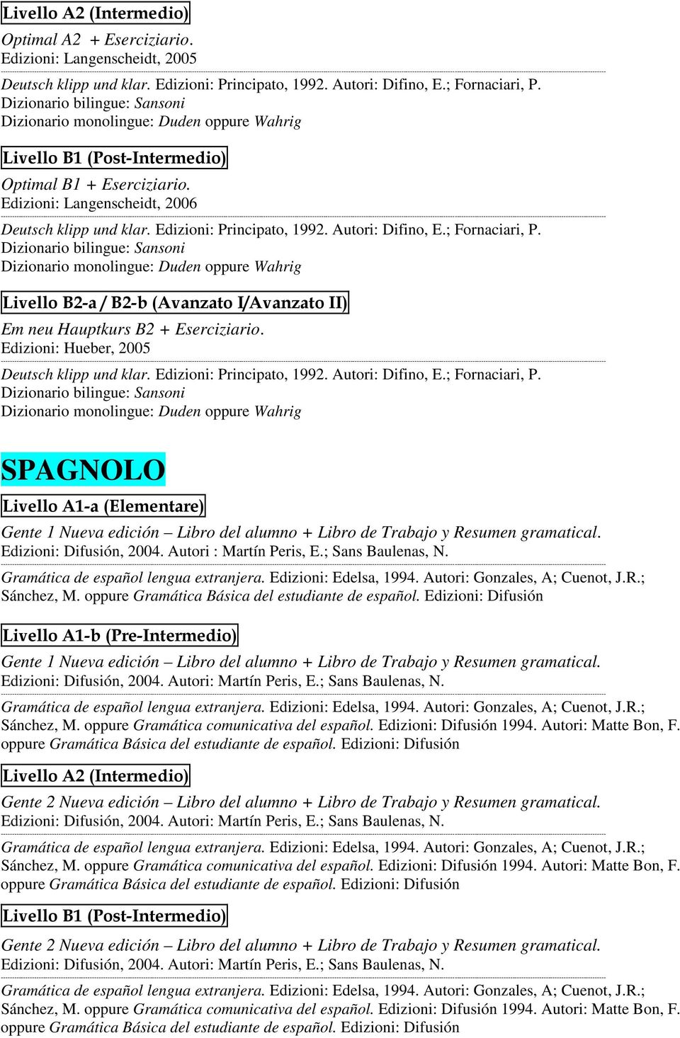 Edizioni: Hueber, 2005 SPAGNOLO Livello A1-a (Elementare) Gente 1 Nueva edición Libro del alumno + Libro de Trabajo y Resumen gramatical. Edizioni: Difusión, 2004. Autori : Martín Peris, E.