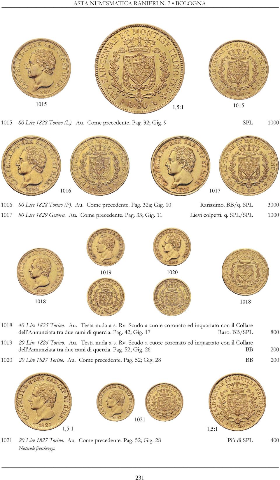Scudo a cuore coronato ed inquartato con il Collare dell Annunziata tra due rami di quercia. Pag. 42; Gig. 17 Raro. BB/SPL 800 1019 20 Lire 1826 Torino. Au. Testa nuda a s. Rv.