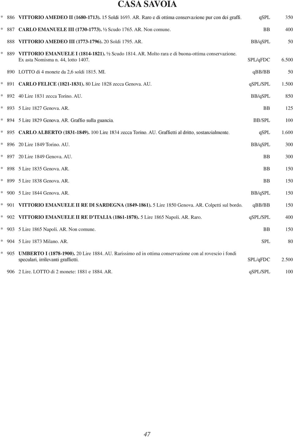 44, lotto 1407. SPL/qFDC 6.500 890 LOTTO di 4 monete da 2,6 soldi 1815. MI. qbb/bb 50 * 891 CARLO FELICE (1821-1831). 80 Lire 1828 zecca Genova. AU. qspl/spl 1.500 * 892 40 Lire 1831 zecca Torino. AU. BB/qSPL 850 * 893 5 Lire 1827 Genova.